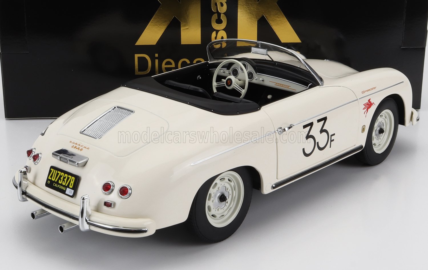 Modellino vintage bianco Porsche 356 Speedster con numero di gara 33F, disponibile su Vroomi.