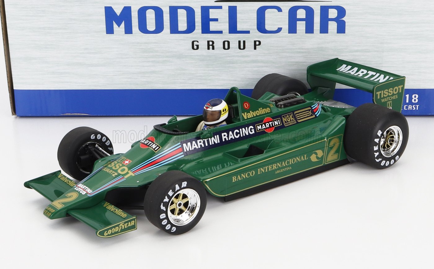 Modellino di auto da corsa Formula 1 Green Martini con figurina del pilota, adesivi dettagliati, disponibile su Vroomi.