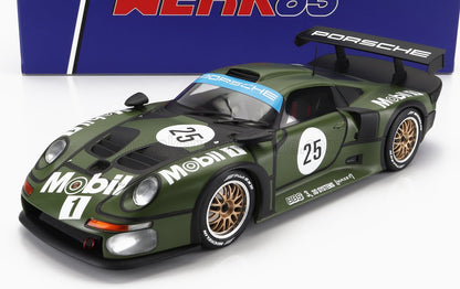 Modellino di auto da corsa Porsche verde con marchio Mobil 1, numero 25, ruote dorate, disponibile su Vroomi.