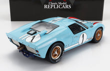 Light blue classic Ford race car replica model with white racing stripes, number 1 decals, displayed with Classic Model Replicars box, available on Vroomi