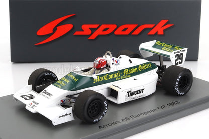 Modello dettagliato dell'auto da corsa Arrows bianca e verde del Gran Premio d'Europa del 1983, disponibile tramite Vroomi.