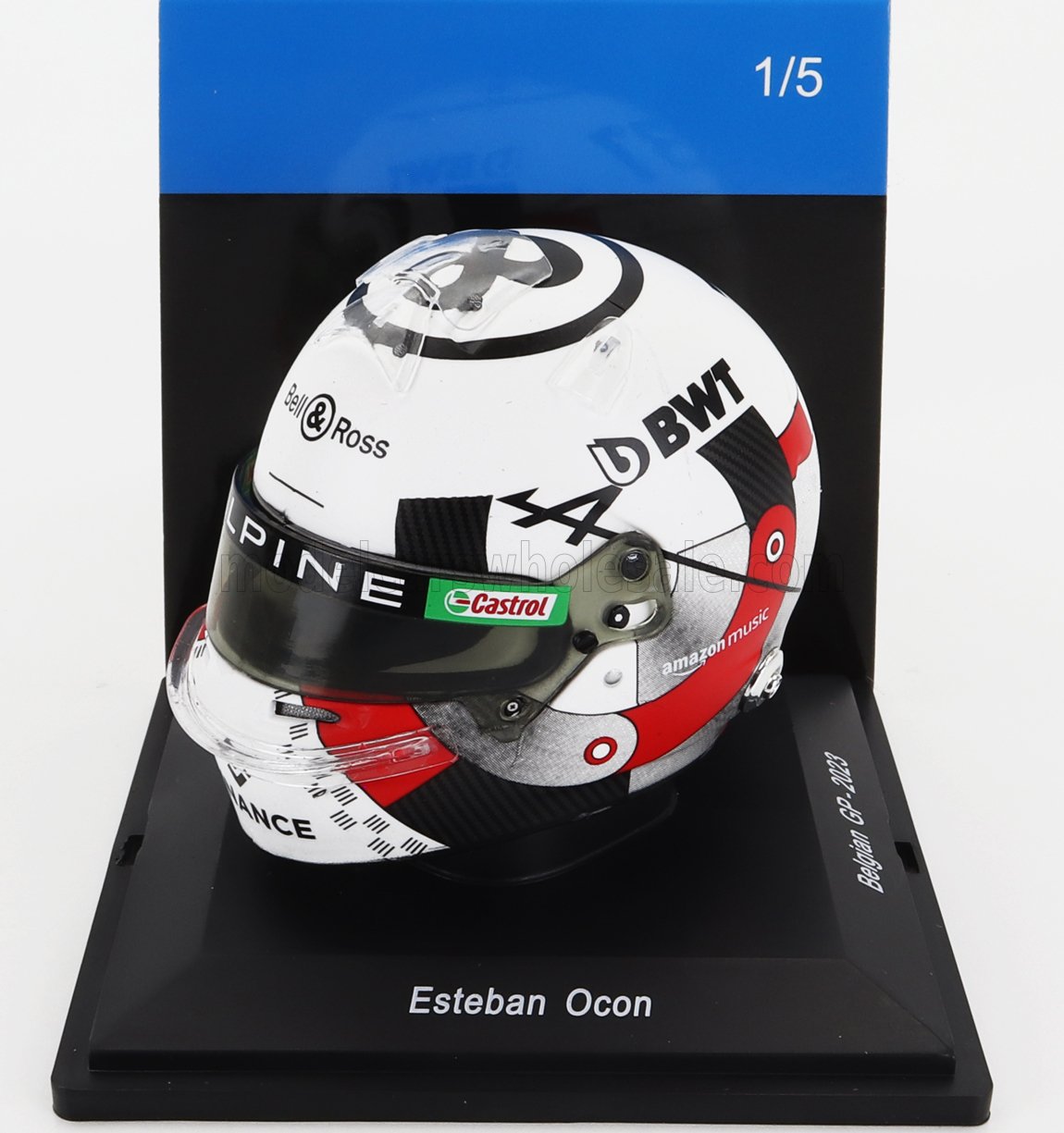 Esteban Ocon 2023 GP del Belgio Replica del casco Alpine con i loghi degli sponsor disponibile su Vroomi