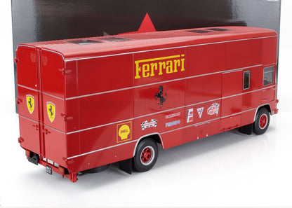 Red Ferrari racing team transporter truck model with sponsor logos, now accessible via Vroomi