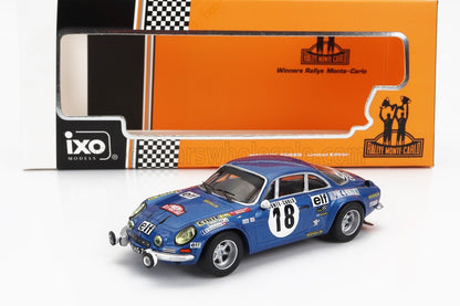 Modellino Blue Alpine Rally Monte-Carlo con numero 18 e adesivi, esposto con IXO Models arancione IXO Models , disponibile su Vroomi.