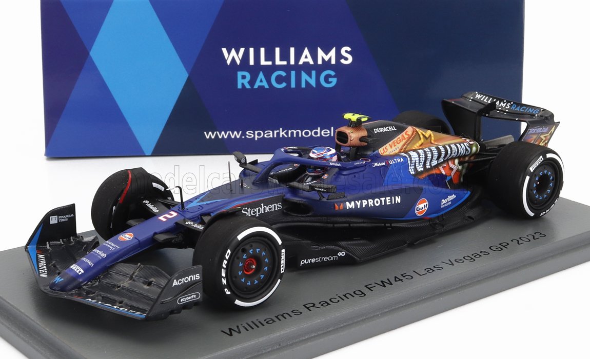 Modellino dell'auto Williams Racing FW45 2023 Las Vegas GP con livrea blu e arancione disponibile su Vroomi.