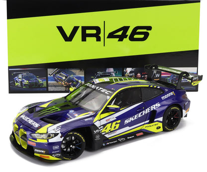 Replica dell'auto da corsa BMW con marchio VR46 in blu e giallo neon con i loghi Skechers e Monster, disponibile su Vroomi.