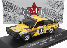 Yellow Opel Kadett C Coupe model rally car #9 Safari Rally 1976 with sponsor decals, available via Vroomi