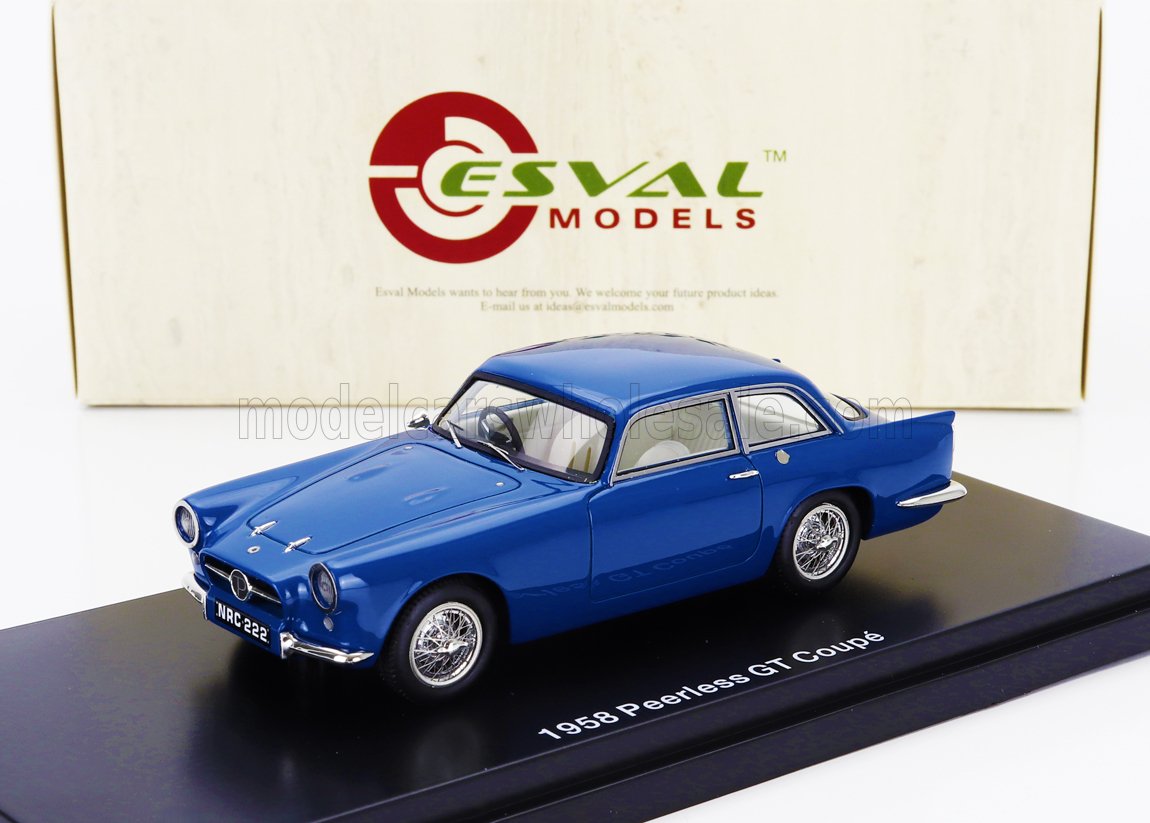 Modellino di auto Peerless GT Coupé blu del 1958 su espositore di Esval Models, disponibile su Vroomi.