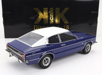 Modellino di auto Ford Torino GT blu e bianco in scala 1:18 con scatola K-K Scale, disponibile su Vroomi.