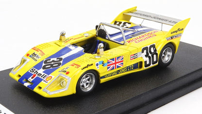 Modellino di auto da corsa giallo in scala 1/43 con il numero 38, adesivi classici e bandiera del Regno Unito, che puoi ordine .