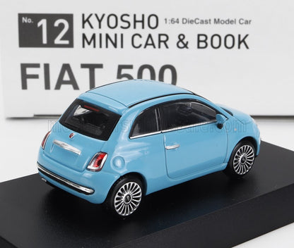 Modellino Fiat 500 in scala 1:64 della Kyosho, color azzurro con ruote super dettagliate, disponibile su Vroomi.