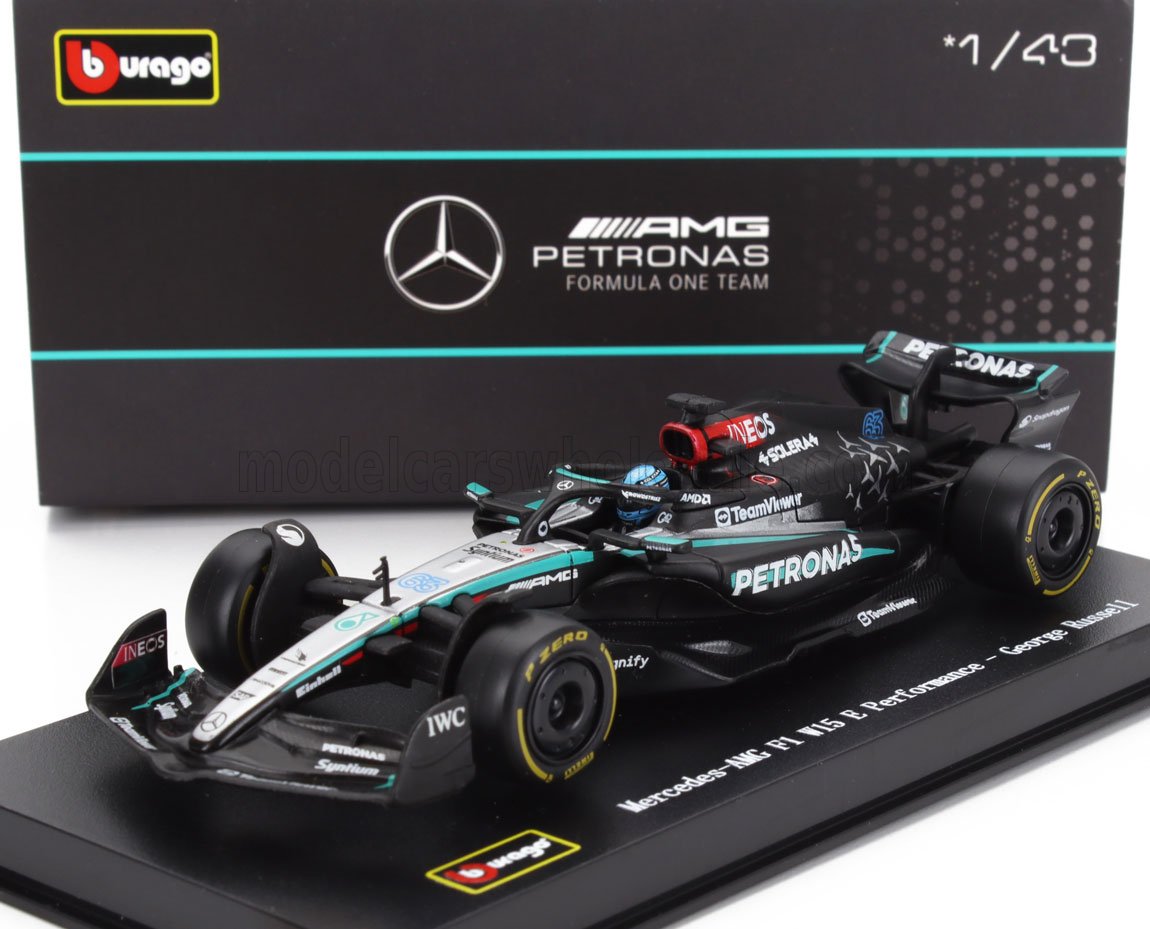 Modellino in scala 1/43 della Mercedes-AMG Petronas Formula One di George Russell con loghi super dettagliati, disponibile su Vroomi.