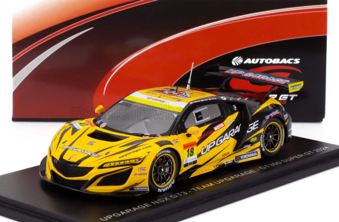 Modellino di auto UP GARAGE NSX GT3 giallo e nero con adesivi da corsa, esposto con scatola, disponibile tramite Vroomi.