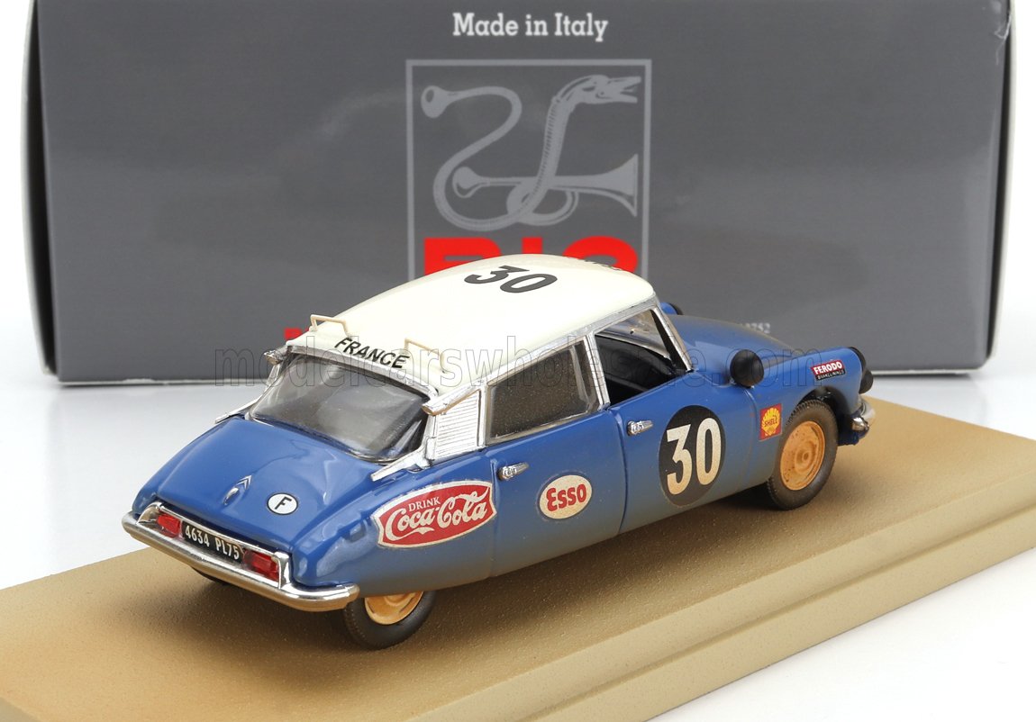 Modellino di auto da corsa vintage blu e bianco con il numero 30 e i loghi degli sponsor, disponibile su Vroomi.