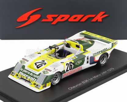 Modello in scala 1:43 dell'auto da corsa Chevron B36 Le Mans 24H 1979 nei colori giallo, bianco e verde, venduto da Vroomi.
