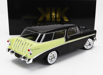 Modellino in scala ridotta di Chevrolet Bel Air del 1955, nero e verde lime, con dettagli cromati, ruote e pneumatici con banda bianca, disponibile su Vroomi.