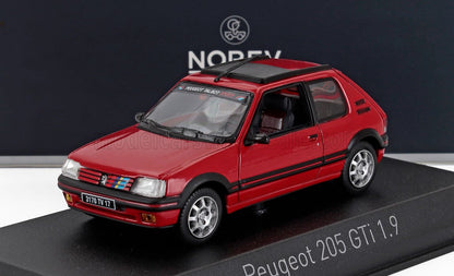 Modellino di Peugeot 205 GTi 1.9 rossa con finiture nere su un supporto, disponibile su Vroomi.
