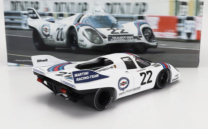 Modellino dell'auto da corsa Porsche 917 del Martini Racing Team con i loghi Shell e Firestone, disponibile su Vroomi.