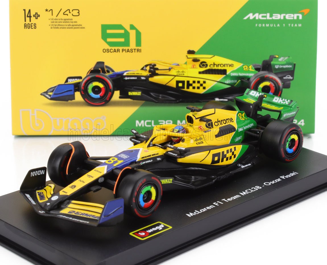 Modellino in scala 1/43 della McLaren F1 Team MCL38 di Oscar Piastri con livrea gialla, verde e blu, disponibile su Vroomi.