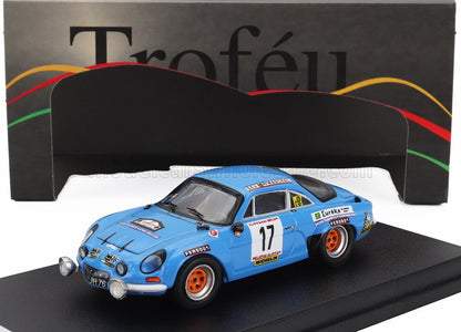 Modellino in scala 1/43 dell'auto da rally Blue Alpine con adesivi da corsa, ora disponibile online.