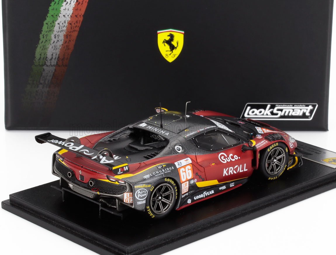 Modellino dell'auto da corsa Ferrari GT3 n. 66 in rosso e nero con adesivi degli sponsor, venduto su Vroomi.