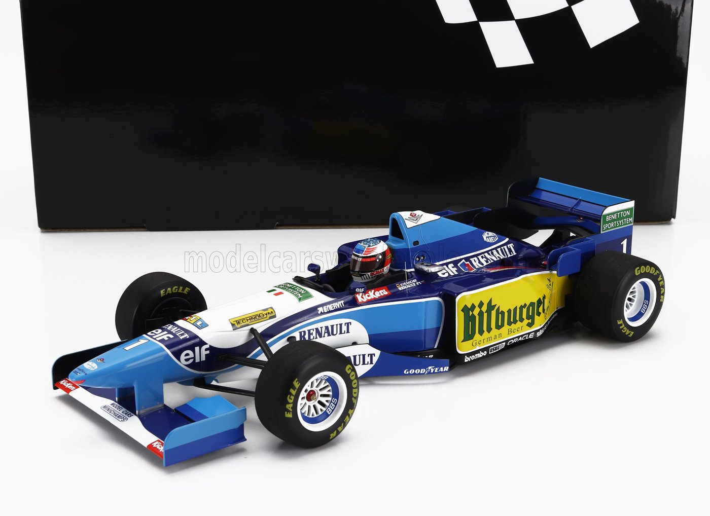 Modellino di auto Renault Formula 1 blu e bianco con i marchi della birra tedesca Bitburger e Goodyear, disponibile su Vroomi.