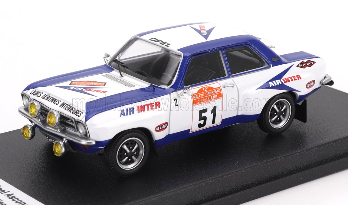 Modellino di auto da rally Opel Ascona in scala 1/18, livrea blu e bianca, disponibile online per i collezionisti.
