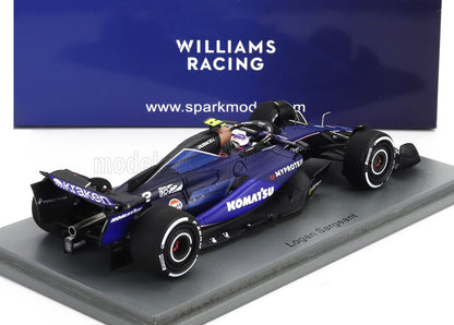 Modellino di auto di Formula 1 Williams Racing Logan Sargeant con i loghi Komatsu e Kraken, disponibile su Vroomi.