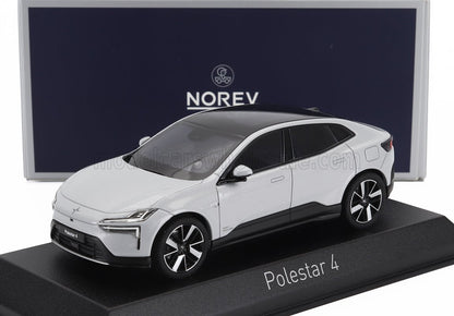 Modellino di auto Polestar 4 bianco su supporto con scatola Norev, disponibile sulla piattaforma Vroomi.