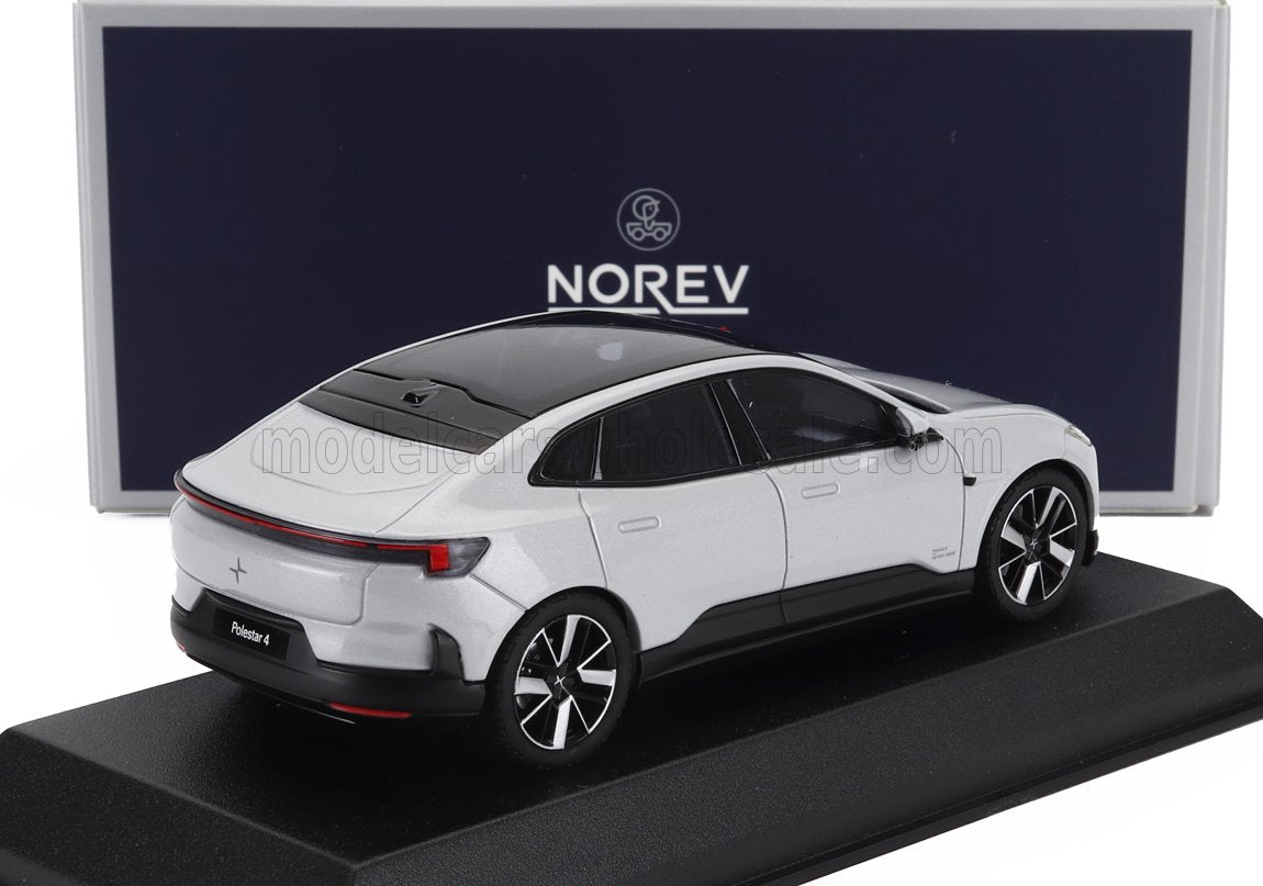 Modellino di auto Polestar 4 bianco su espositore con scatola Norev, disponibile su Vroomi