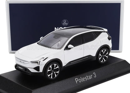 Modellino di auto Polestar 3 bianco su espositore nero con scatola blu navy dietro, disponibile su Vroomi.