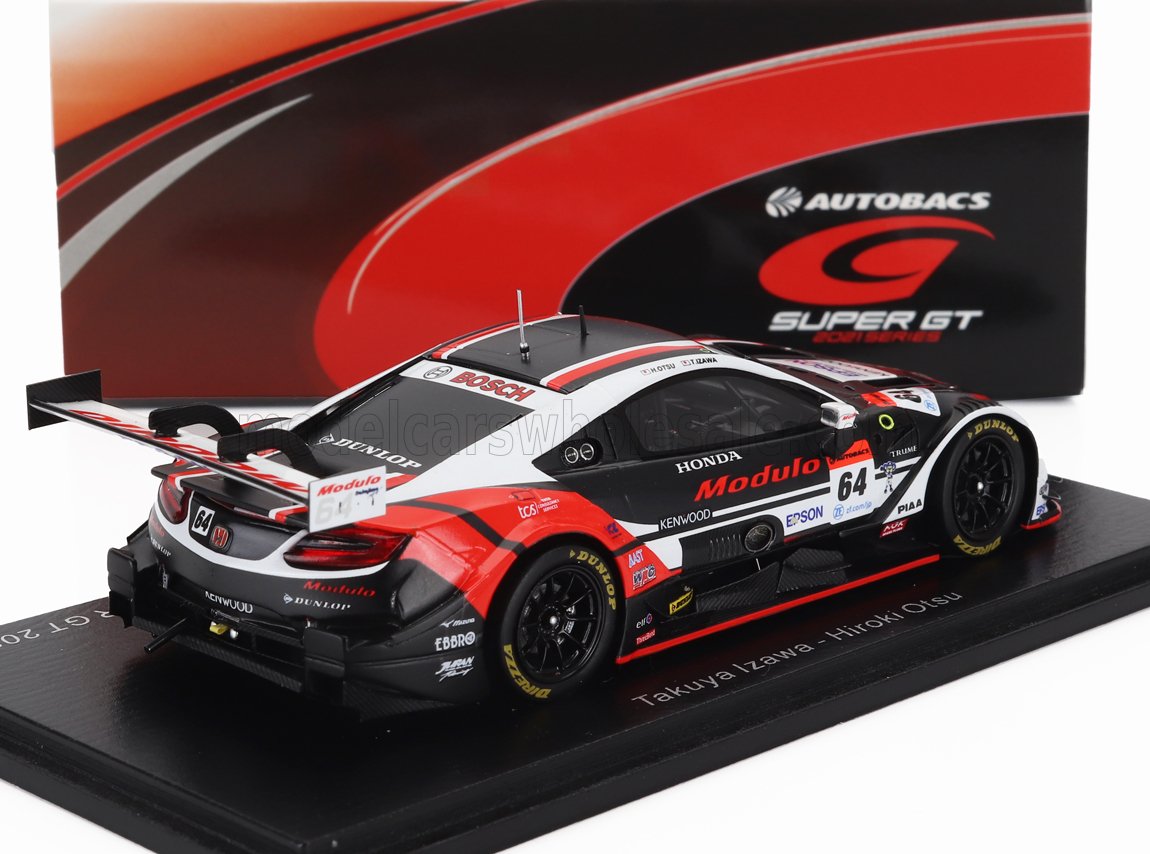 Modello di auto da corsa Honda Modulo n. 64 in nero, rosso e bianco con marchio Super GT, presentato su Vroomi.