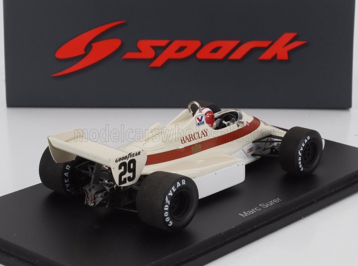 Modello in scala 1:43 dell'auto vintage Barclay F1 n. 29 di Marc Surer su base Spark, disponibile tramite Vroomi.
