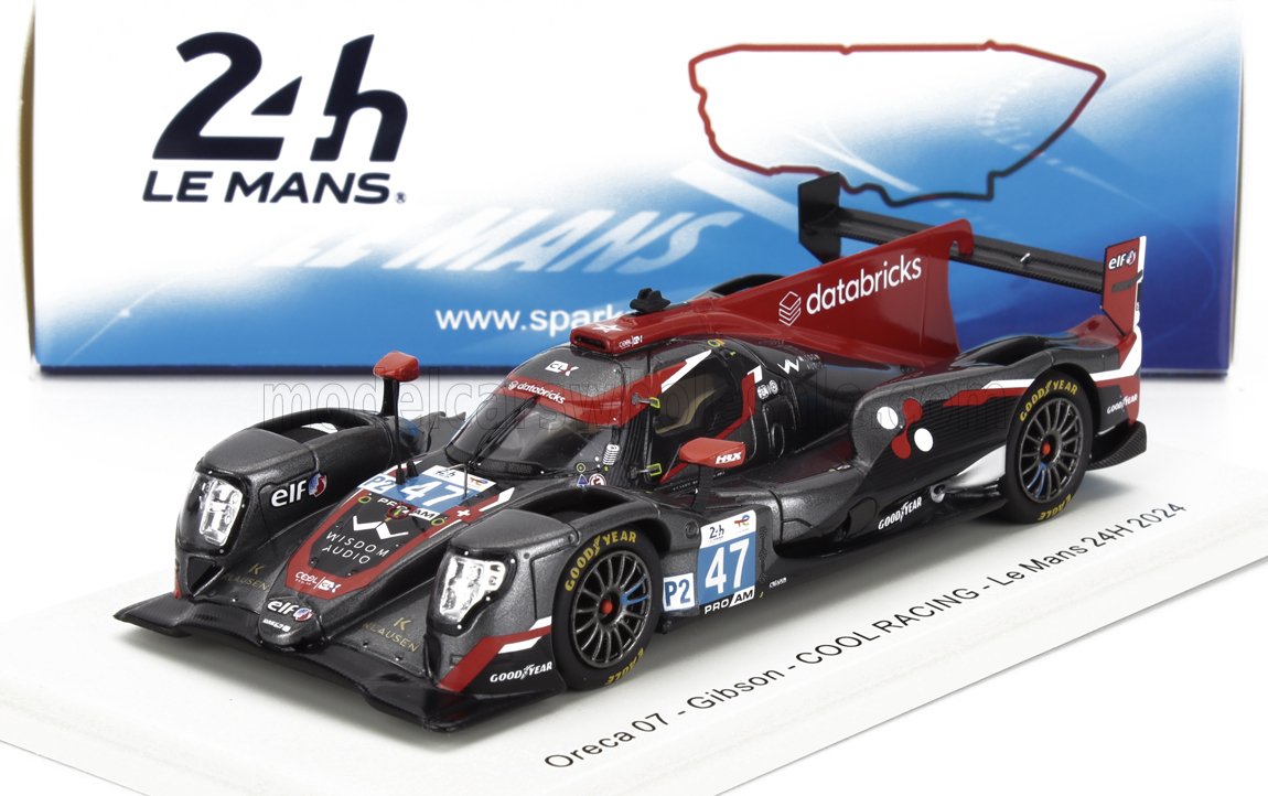 Modello dettagliato dell'auto da corsa Oreca 07 COOLRACING Le Mans 24H 2024 in nero e rosso con adesivi degli sponsor, disponibile su Vroomi.