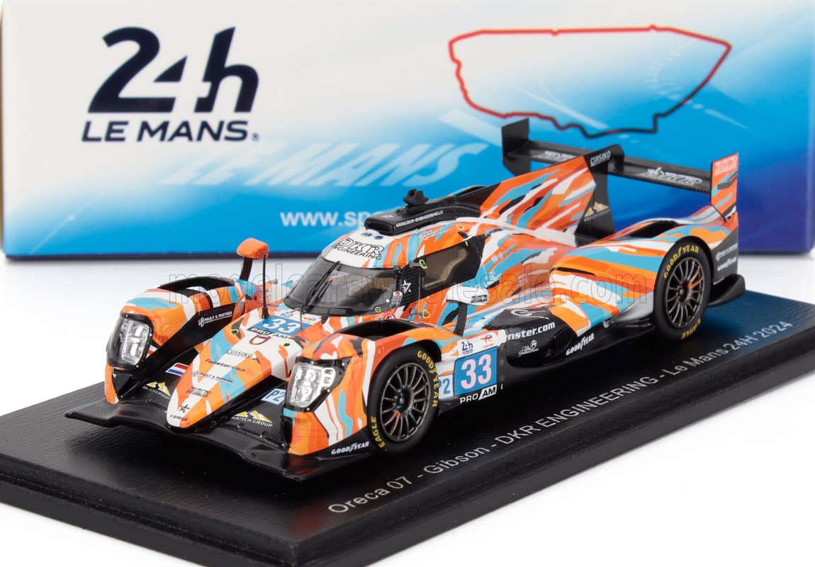 Modello dettagliato dell'auto da corsa Oreca 07 Gibson n. 33 con livrea arancione-blu per la 24 Ore di Le Mans 2024, disponibile su Vroomi.