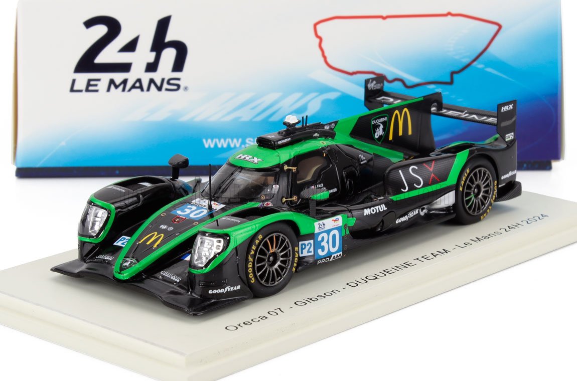 Modellino in scala della macchina da corsa Oreca 07 Gibson Duqueine Team in nero e verde con adesivi Le Mans 24h, disponibile su Vroomi.