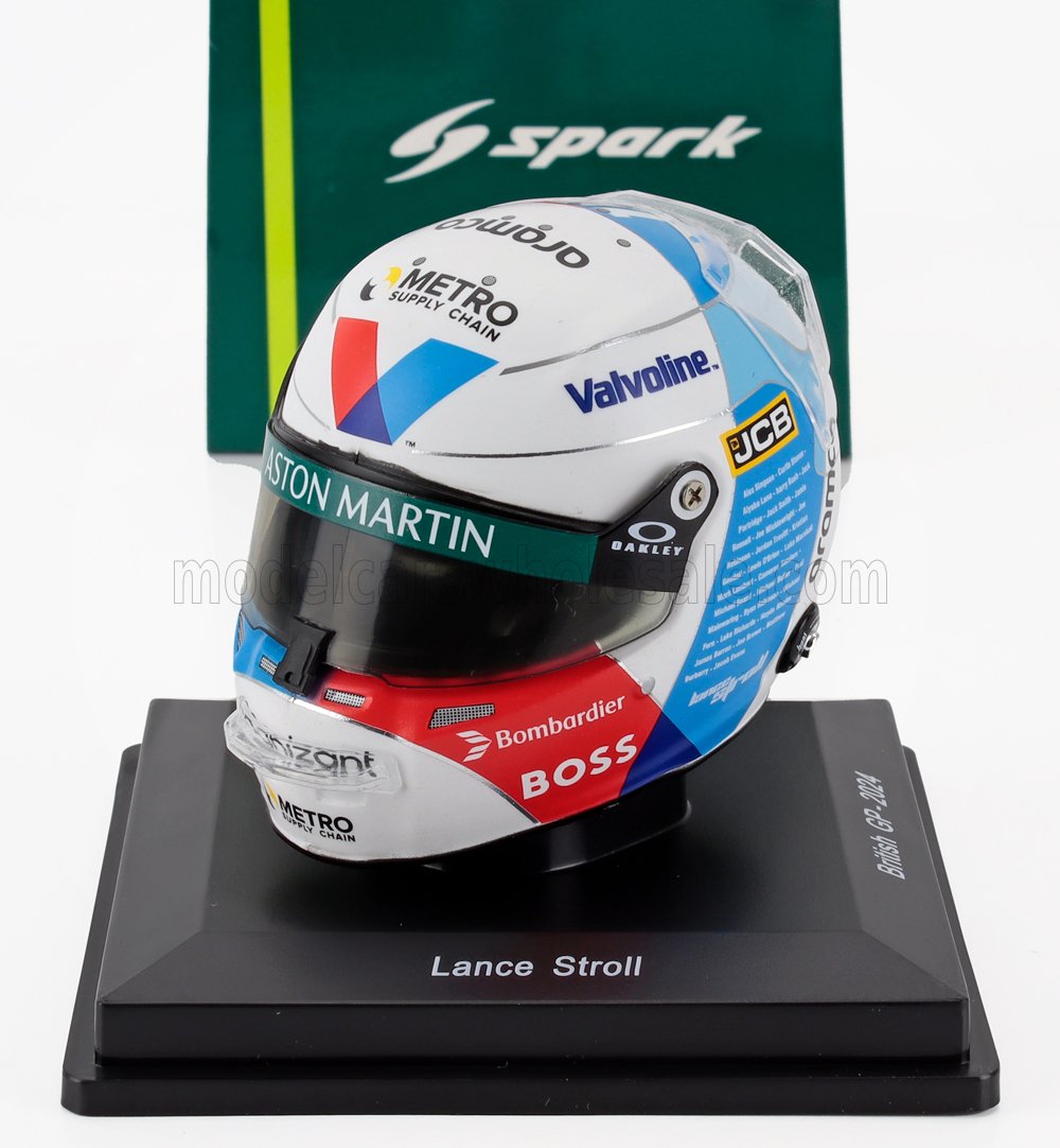 Casco da gara in miniatura di Lance Stroll con i loghi Aston Martin e degli sponsor, GP di Gran Bretagna 2021, disponibile su Vroomi.