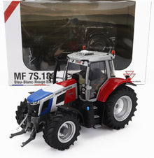 Modellino die-cast del trattore Massey Ferguson MF 7S.180 Bleu-Blanc-Rouge con dettagli blu, bianchi e rossi, disponibile su Vroomi.