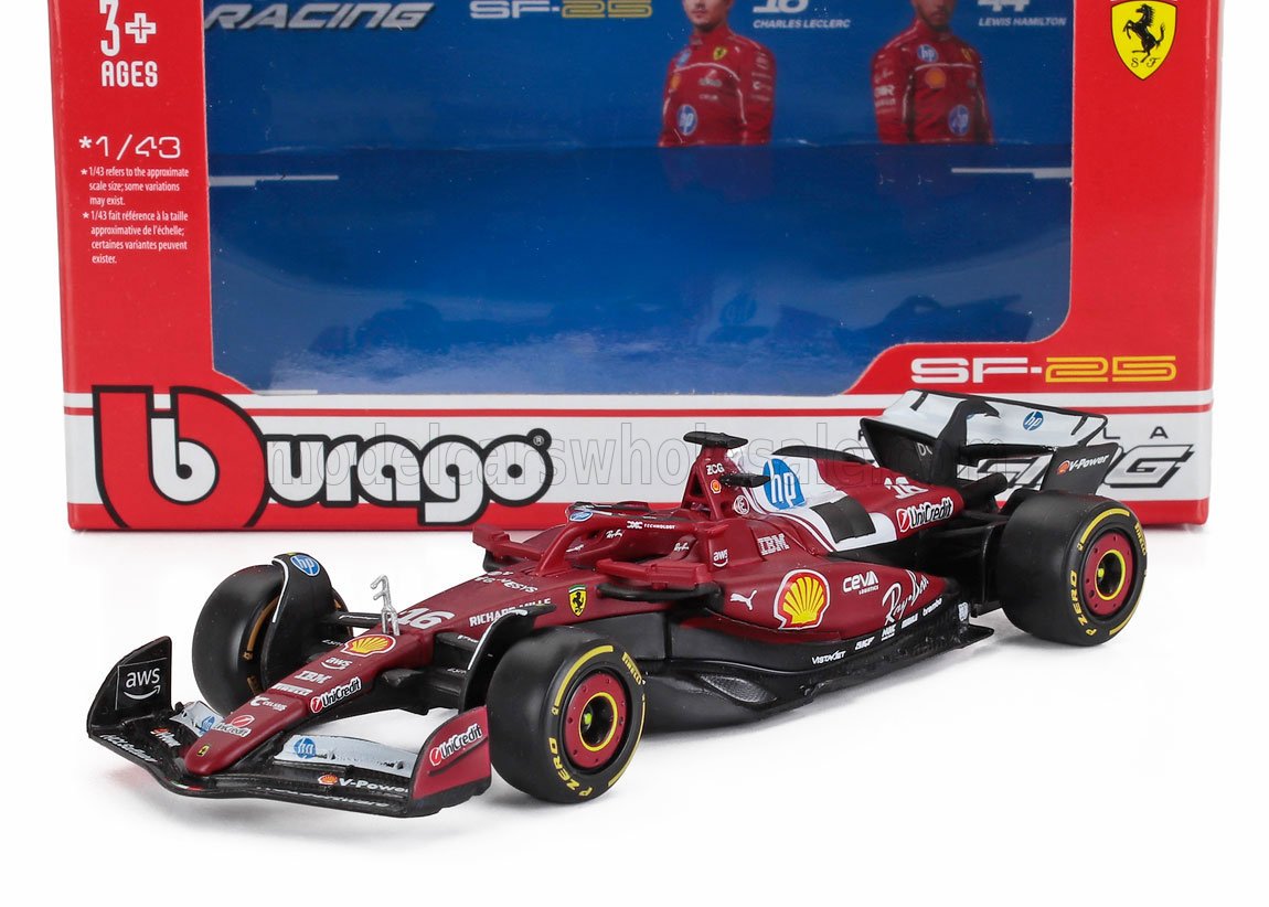 Modellino di auto di Formula 1 Bburago Ferrari SF-25 in scala 1/43 con livrea rossa e nera, disponibile su Vroomi.