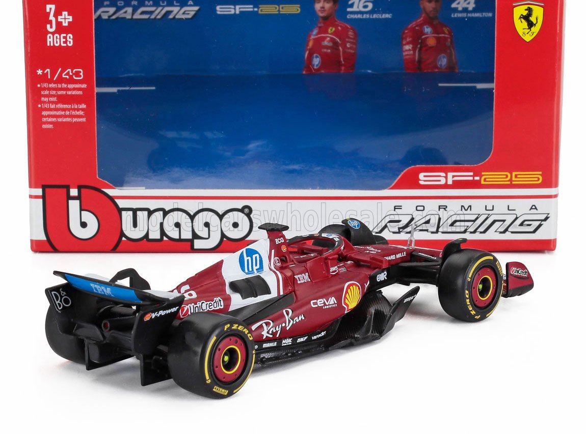 Modellino di auto da corsa Ferrari SF-25 Formula 1 in scala 1/43 di Bburago, disponibile su Vroomi