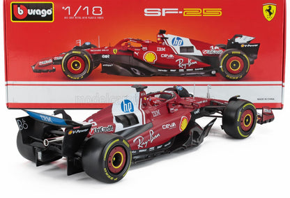 Modellino di auto Bburago Ferrari SF-25 Formula 1 in scala 1:18 con i loghi degli sponsor ben fatti, disponibile su Vroomi.