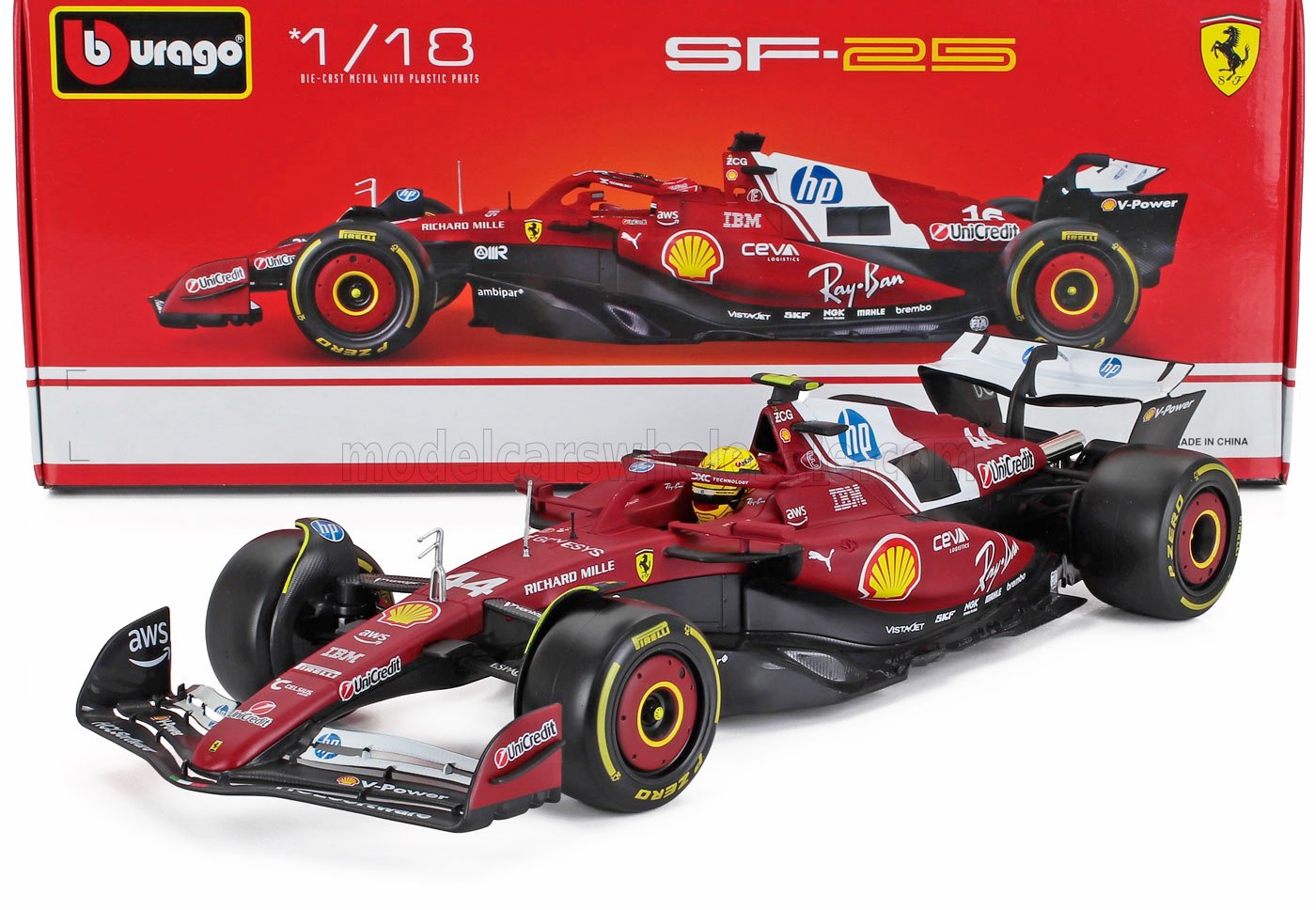Modellino in scala 1/18 della Ferrari SF-25 di Formula 1 di Bburago con i loghi degli sponsor ben fatti, ora disponibile su Vroomi.