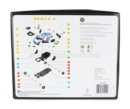 Vista esplosa dei pezzi del modellino dell'auto della polizia Alfa Romeo con le istruzioni per montarlo, disponibile su Vroomi.