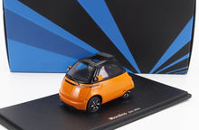 Orange and black 2024 Microlino model car on display stand with blue patterned background, available on Vroomi