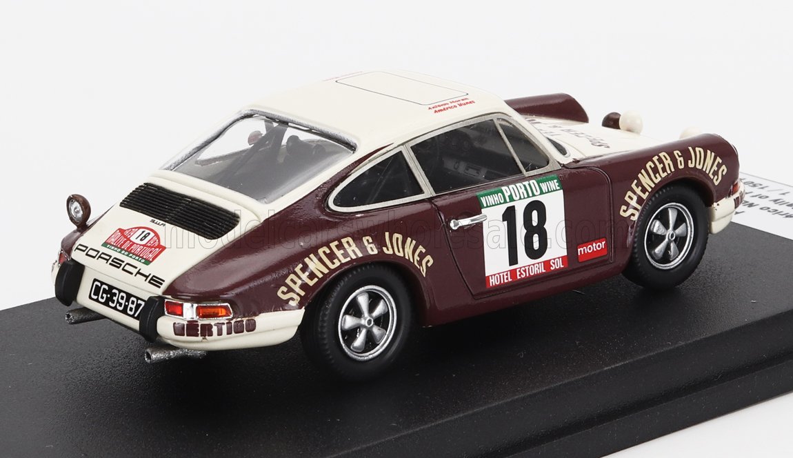 Modello di auto da corsa Porsche 911 degli anni '60 con adesivi Spencer & Jones, numero 18, disponibile su Vroomi.