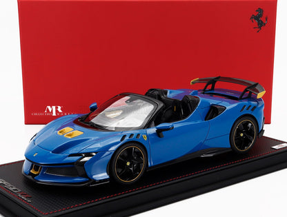 FERRARI - SF90 XX STRADALE SPIDER 2024 - CON VETRINA - WITH SHOWCASE - AZZURRO DINO - LIGHT BLUE BLACK YELLOW