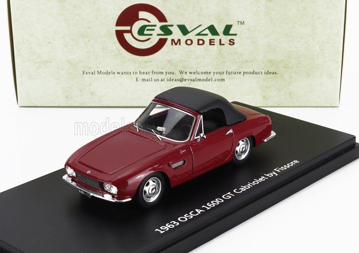 Modellino di auto Maroon 1963 OSCA 1600 GT Cabriolet di Fissore su base nera, offerto da Esval Models disponibile su Vroomi.