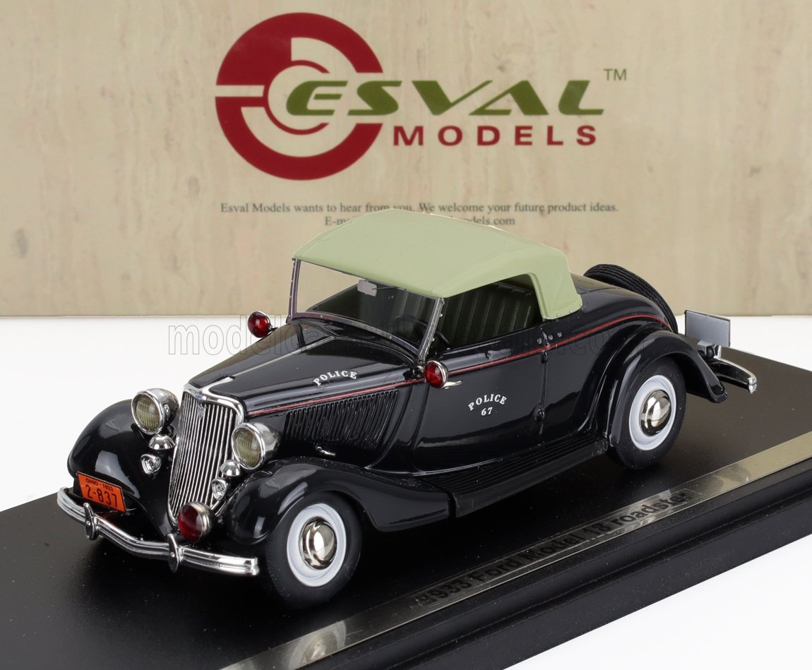Auto della polizia Ford 1A Roadster nera del 1933 con tetto verde, su base nera, in vendita su Vroomi.