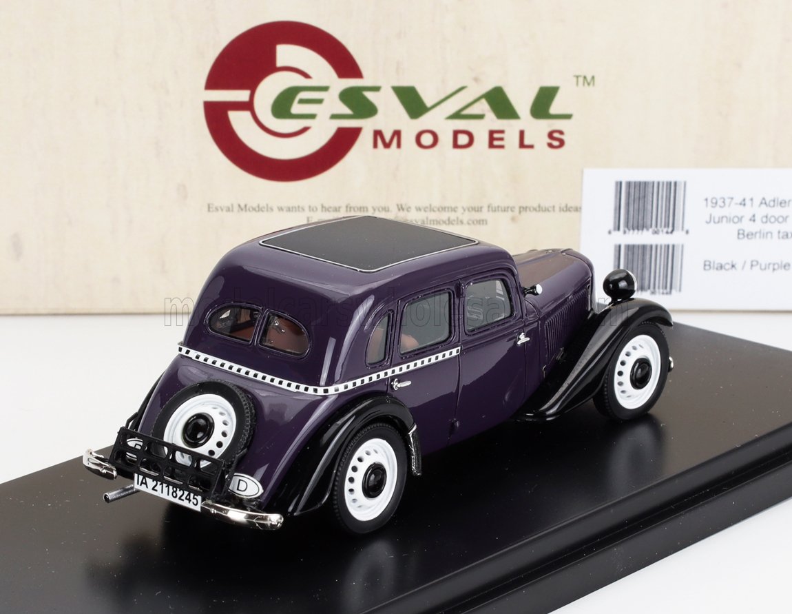 Modellino di auto Adler Junior 4 porte del 1937-41, viola e nero, fatto da Esval Models su una base nera, disponibile su Vroomi.