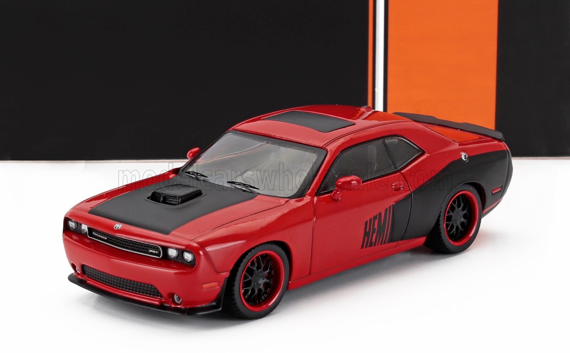Modellino di auto Dodge Challenger rosso e nero con logo HEMI, in vendita su Vroomi.